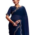 SIRIL Women's Stone Work, Scalloped Border Saree With Unstitched Blouse Piece(5008S971_Navy Blue)