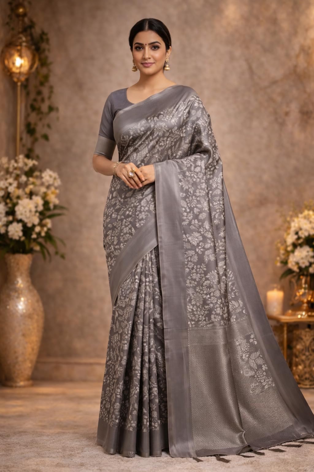 Charcoal Grey Handloom-Inspired Silk Saree Adorned with Crimson Floral Jaal Motifs and Traditional Silver Zari Border - Image 3