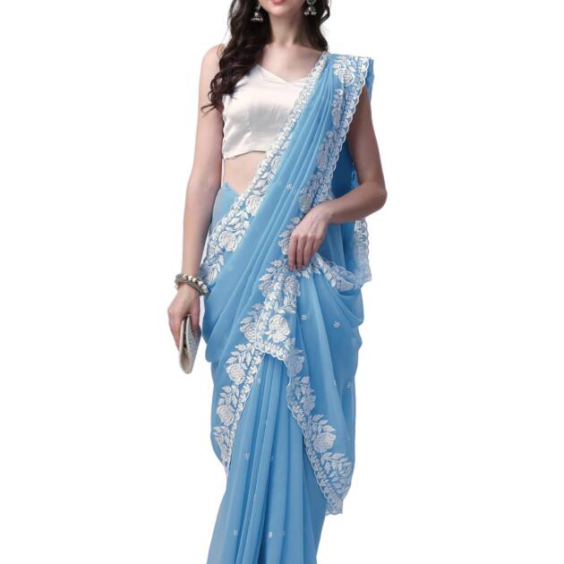 HESVI Women's Georgette Embroidery Border Work Saree with Blouse Piece (Sky Blue)