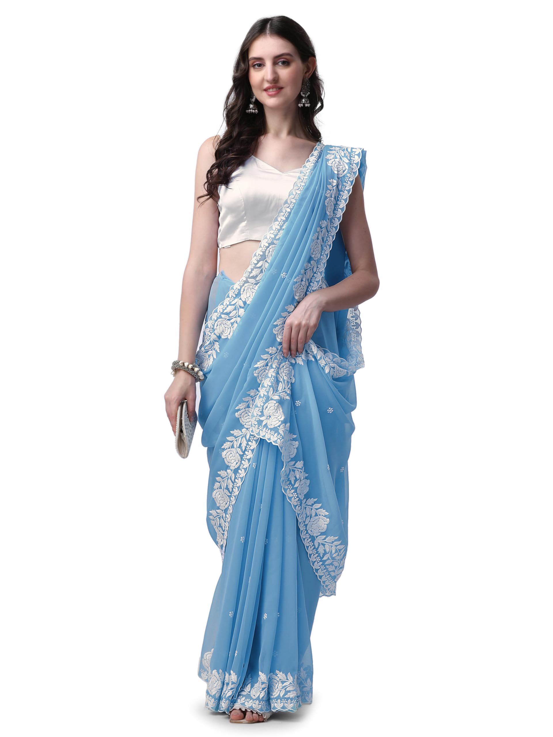 HESVI Women's Georgette Embroidery Border Work Saree with Blouse Piece (Sky Blue)