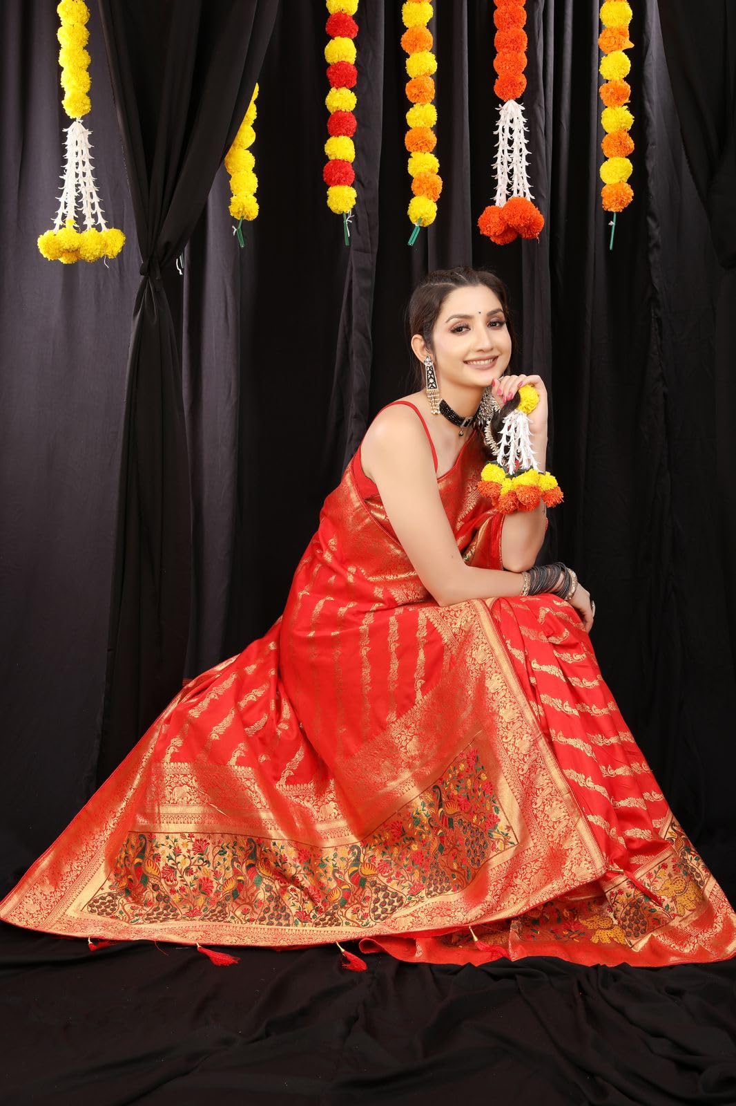 Krishn Kunj SILKS Women's Kanchipuram Silk Saree Tradition Unique Border Body Butta - Image 2