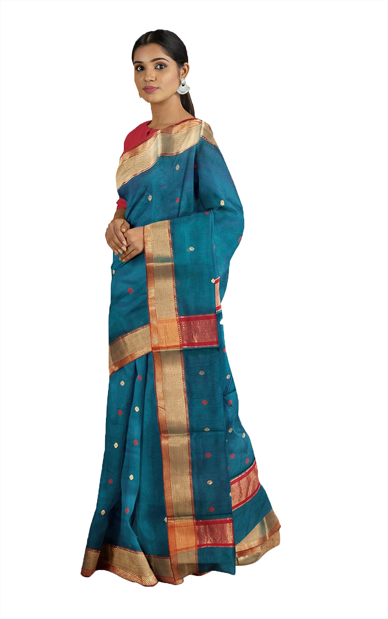 HerClozet pure chanderi Premium Dual shaded Handwoven katan Silk Saree (Turquoise,Red Golden) - Image 6