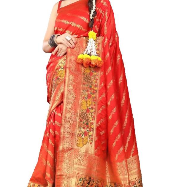 Krishn Kunj SILKS Women's Kanchipuram Silk Saree Tradition Unique Border Body Butta