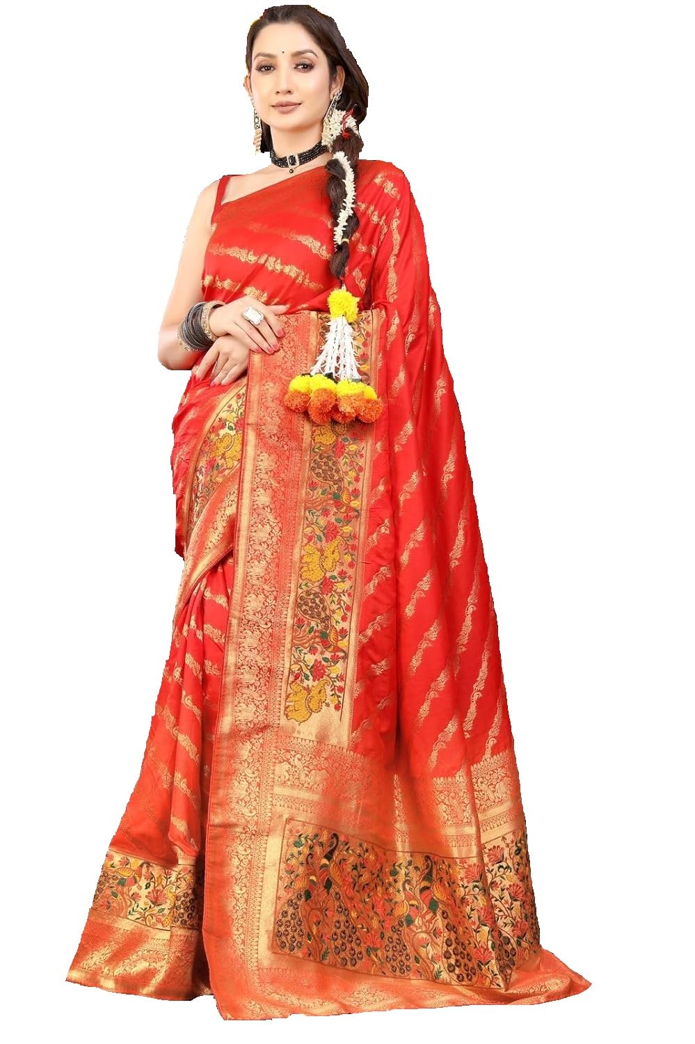 Krishn Kunj SILKS Women's Kanchipuram Silk Saree Tradition Unique Border Body Butta