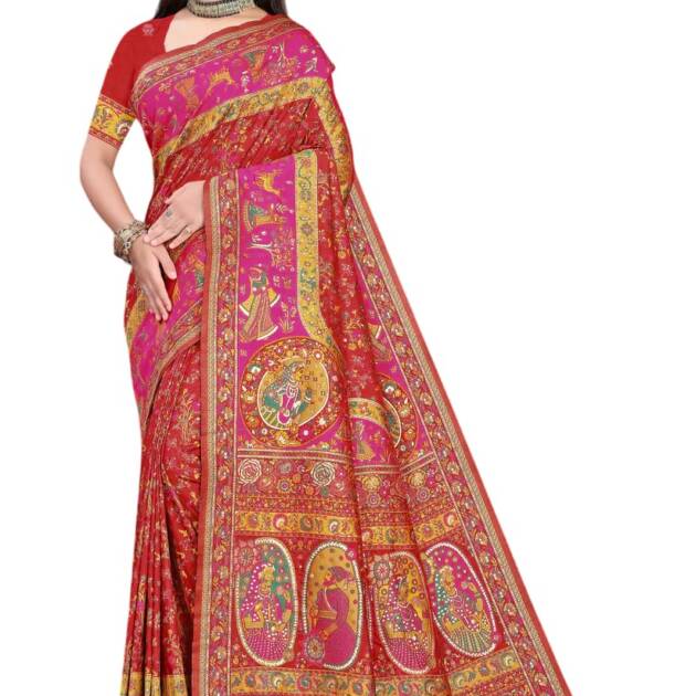 Veglari Women's Pure Original kanchipuram Kanjivaram Zari weaving silk Kalamkari desinger Saree With Blouse piece for Wedding