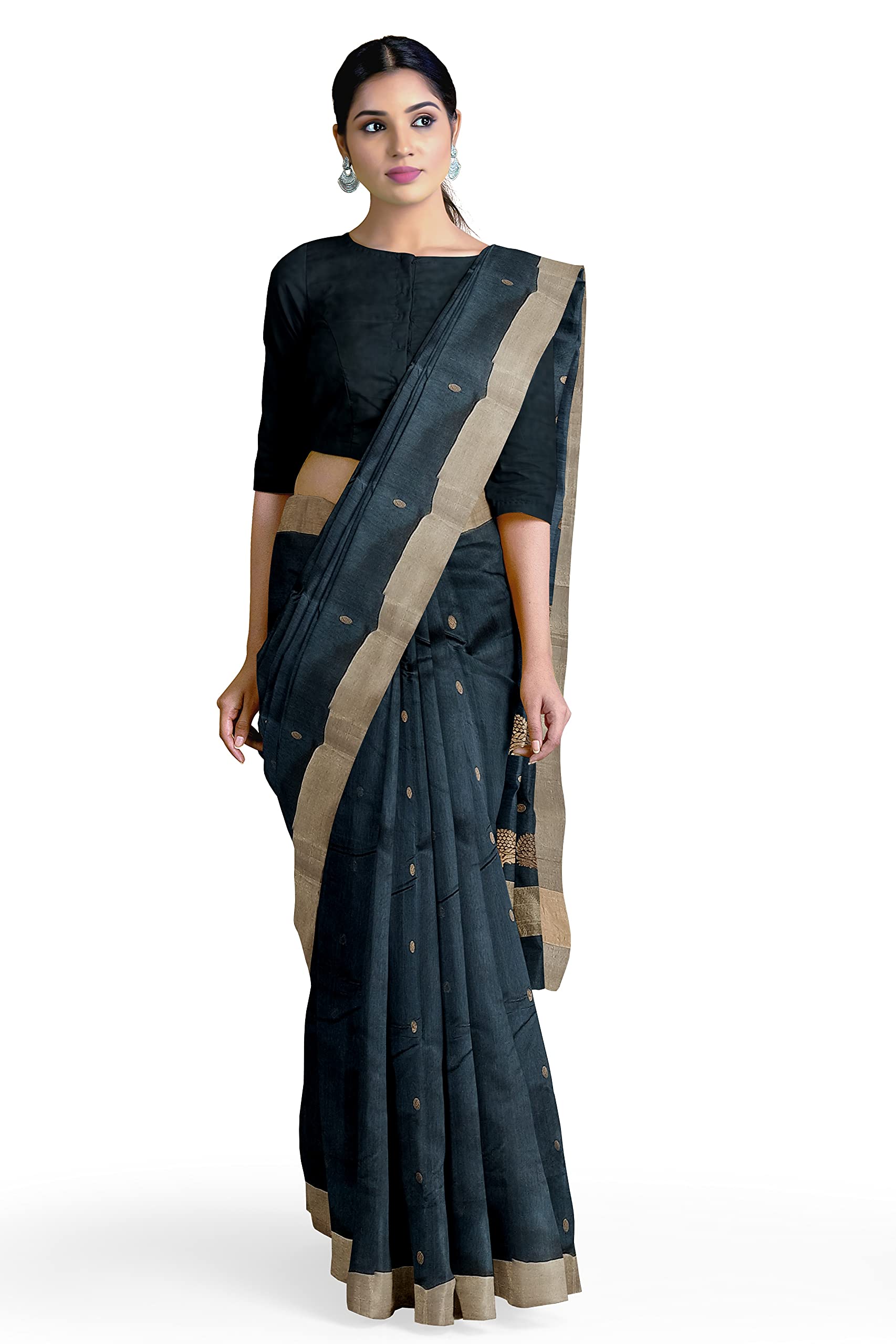 HerClozet pure chanderi Premium Handwoven EKNAL Silk Saree (Grey; Golden)