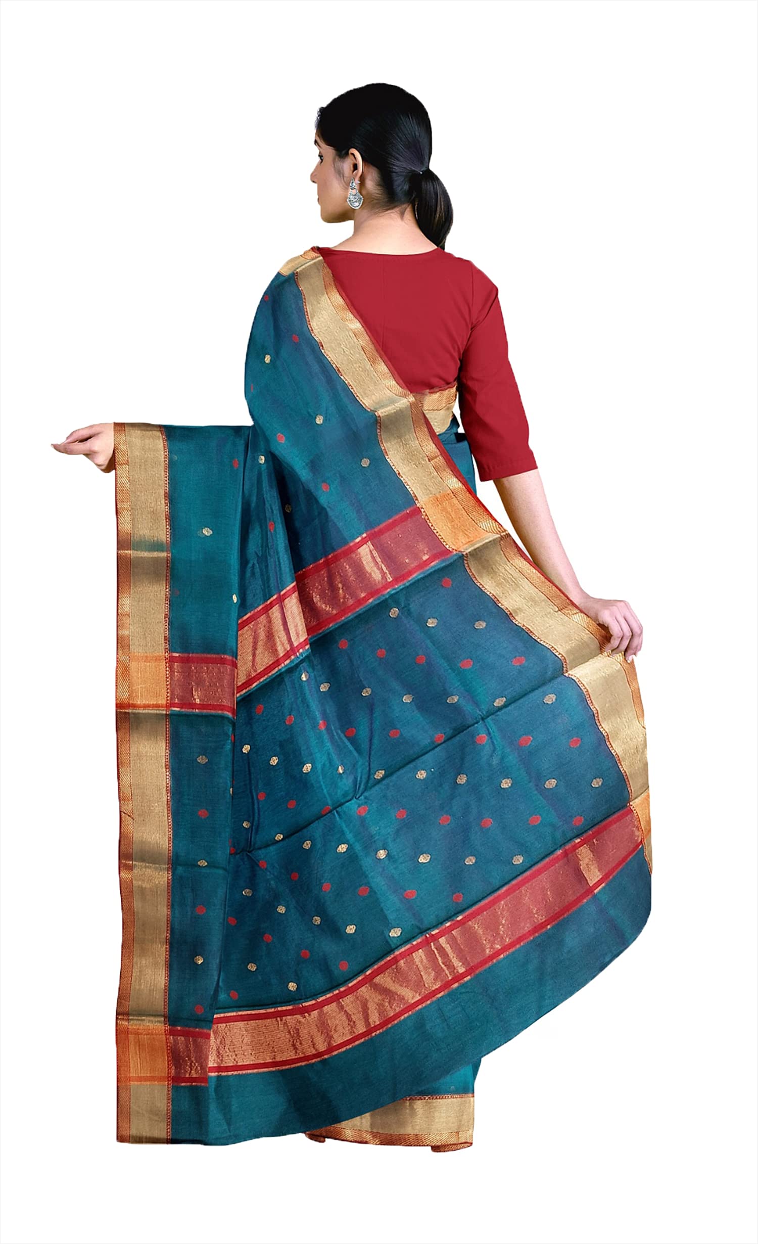 HerClozet pure chanderi Premium Dual shaded Handwoven katan Silk Saree (Turquoise,Red Golden) - Image 3