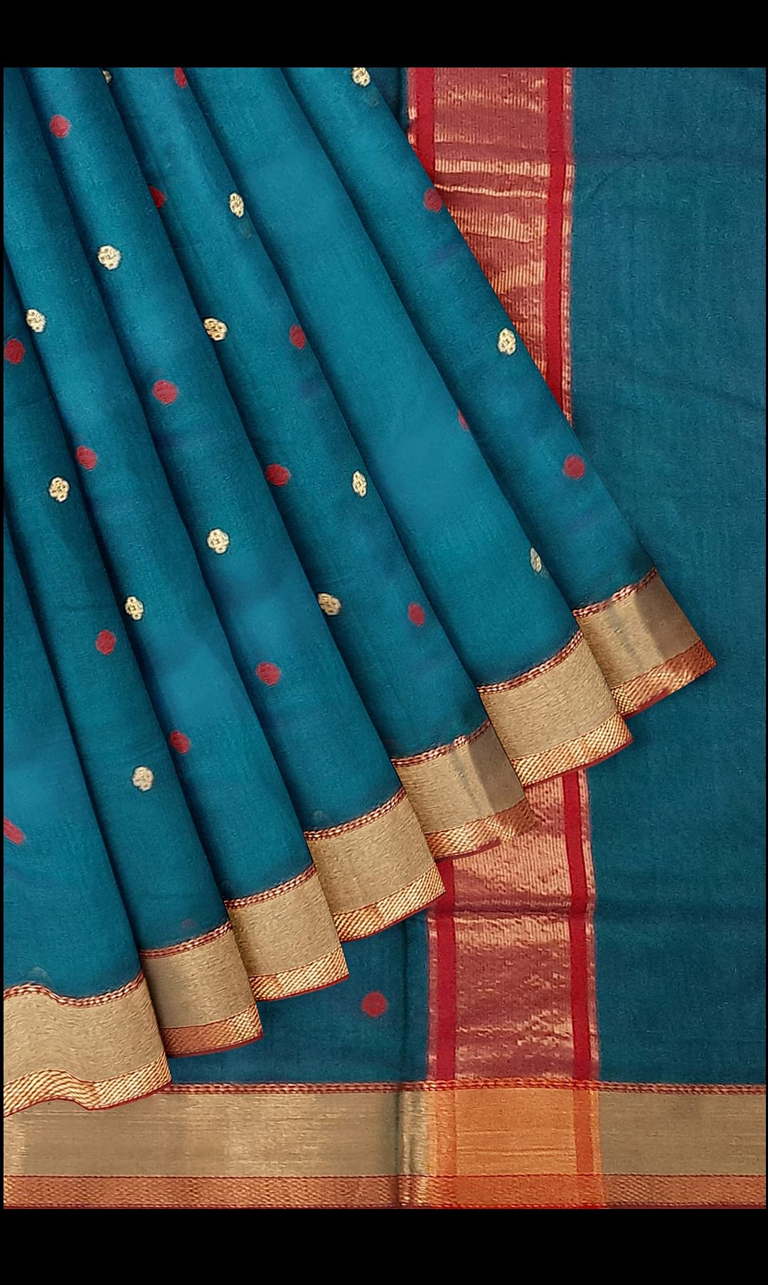 HerClozet pure chanderi Premium Dual shaded Handwoven katan Silk Saree (Turquoise,Red Golden) - Image 4