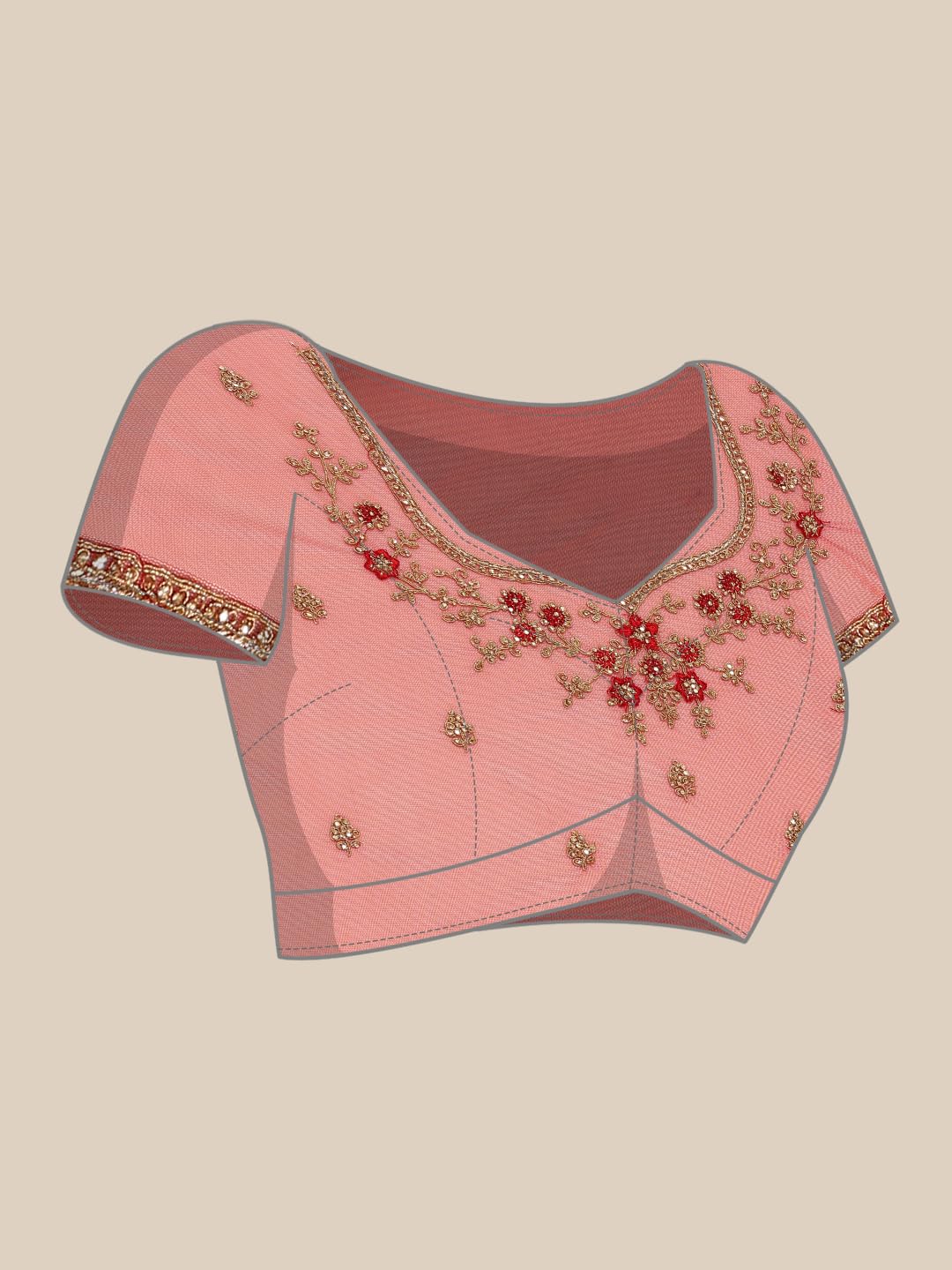 MOHEY Women's Net Embroidery|Stone Work|Thread Work|Zari Saree (Red) - Image 3