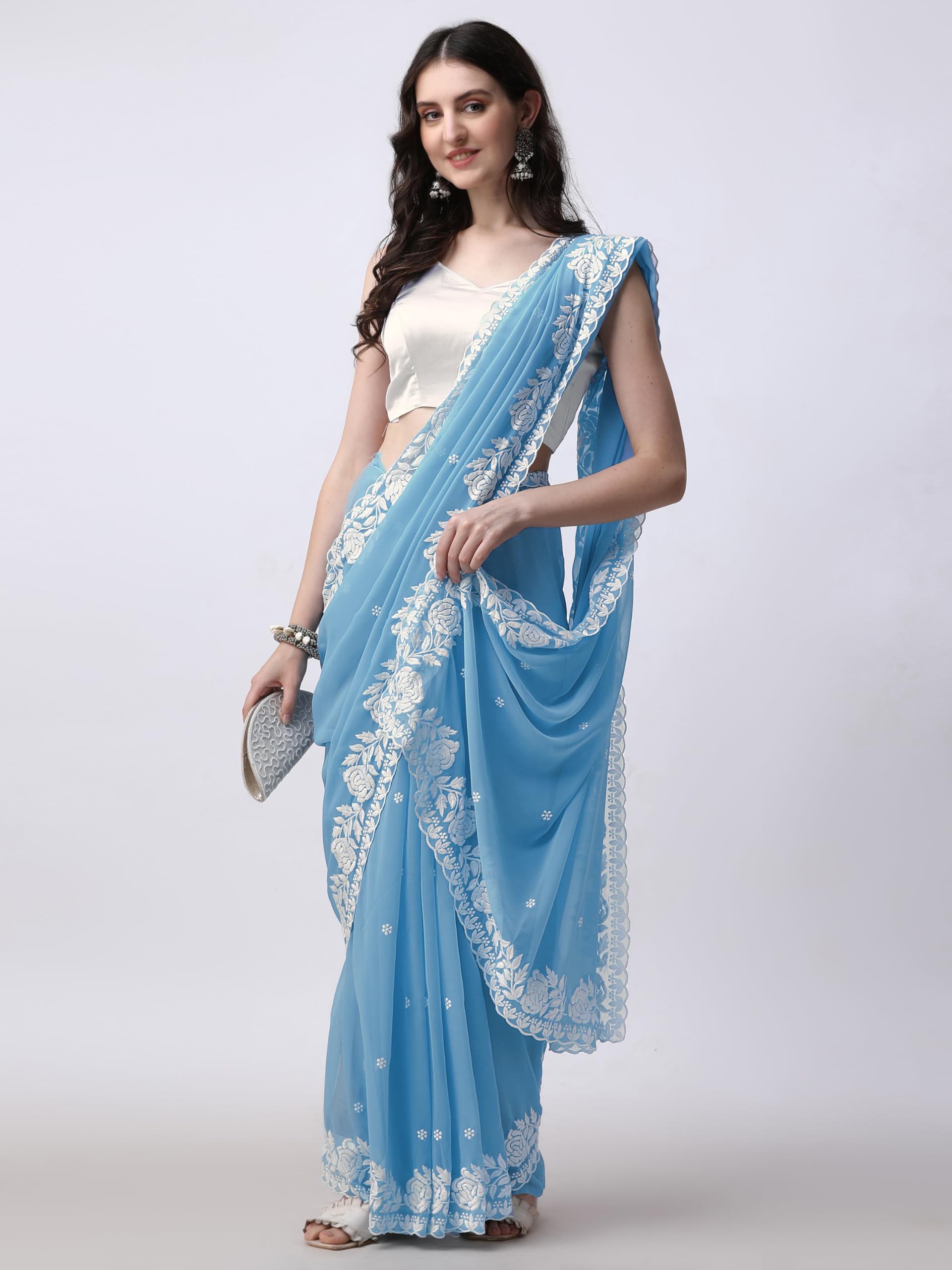HESVI Women's Georgette Embroidery Border Work Saree with Blouse Piece (Sky Blue) - Image 6