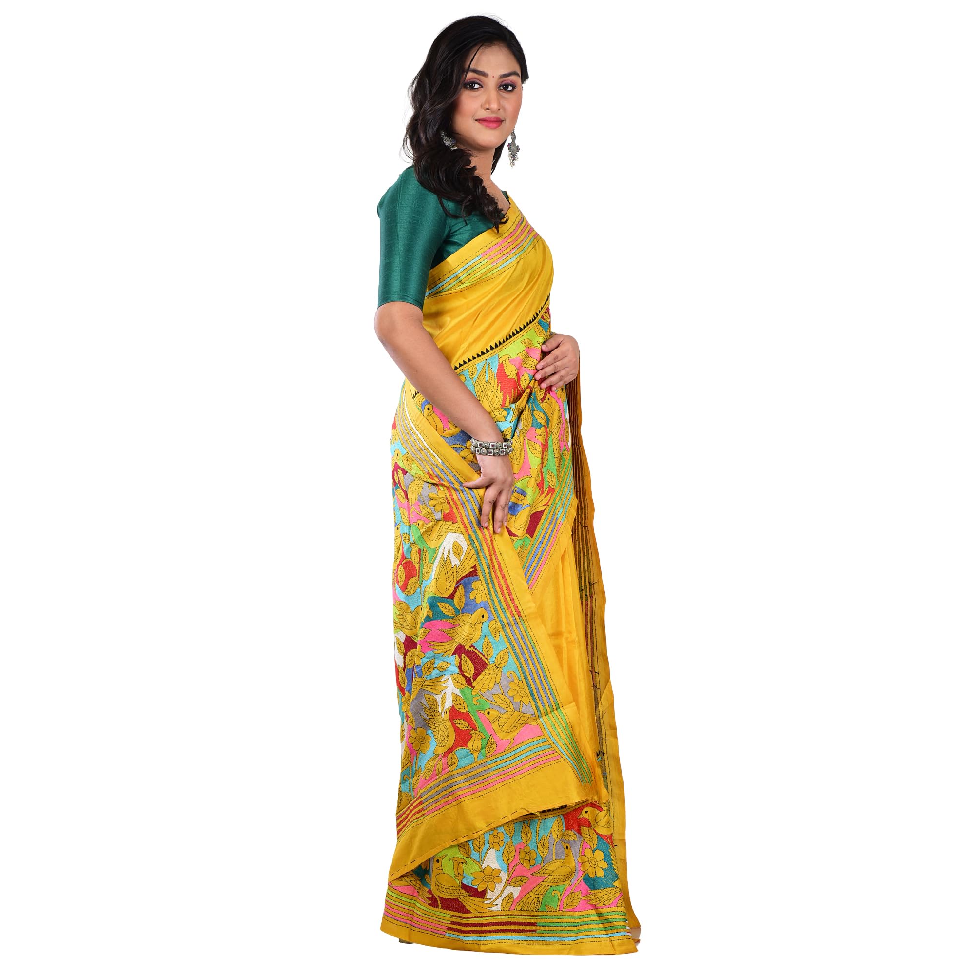 Aishani Collection Pure Bangalore Silk Hand Embroidery Kantha Stitch Saree with Blouse Piece | Silk Mark Certified Traditional Multicolor Thread Work Saree (Mustard Yellow) - Image 4