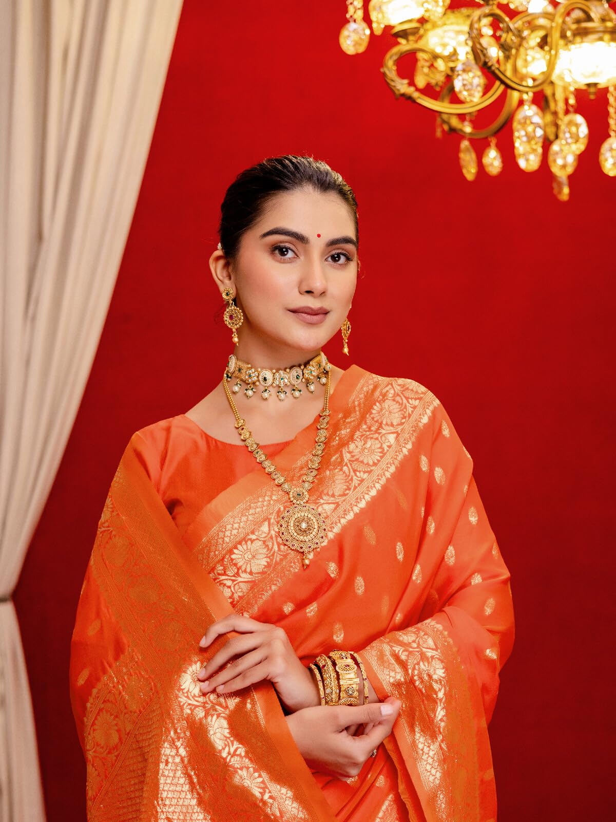 SIRIL Women's Silk Weaving Dual Tone Banarasi Saree with Unstitched Blouse Piece (5166S1251_Orange) - Image 3