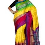 Bengal looms India Weaves of Elegance Women Silk Indian Designer Skirt Border Ikkat Pochampally Saree With Blouse Piece In Bright Yellow And Multicolored