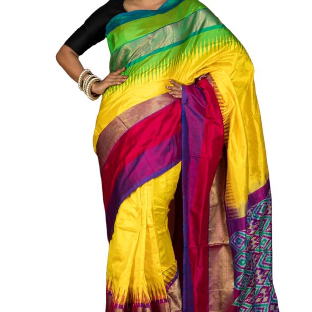 Bengal looms India Weaves of Elegance Women Silk Indian Designer Skirt Border Ikkat Pochampally Saree With Blouse Piece In Bright Yellow And Multicolored