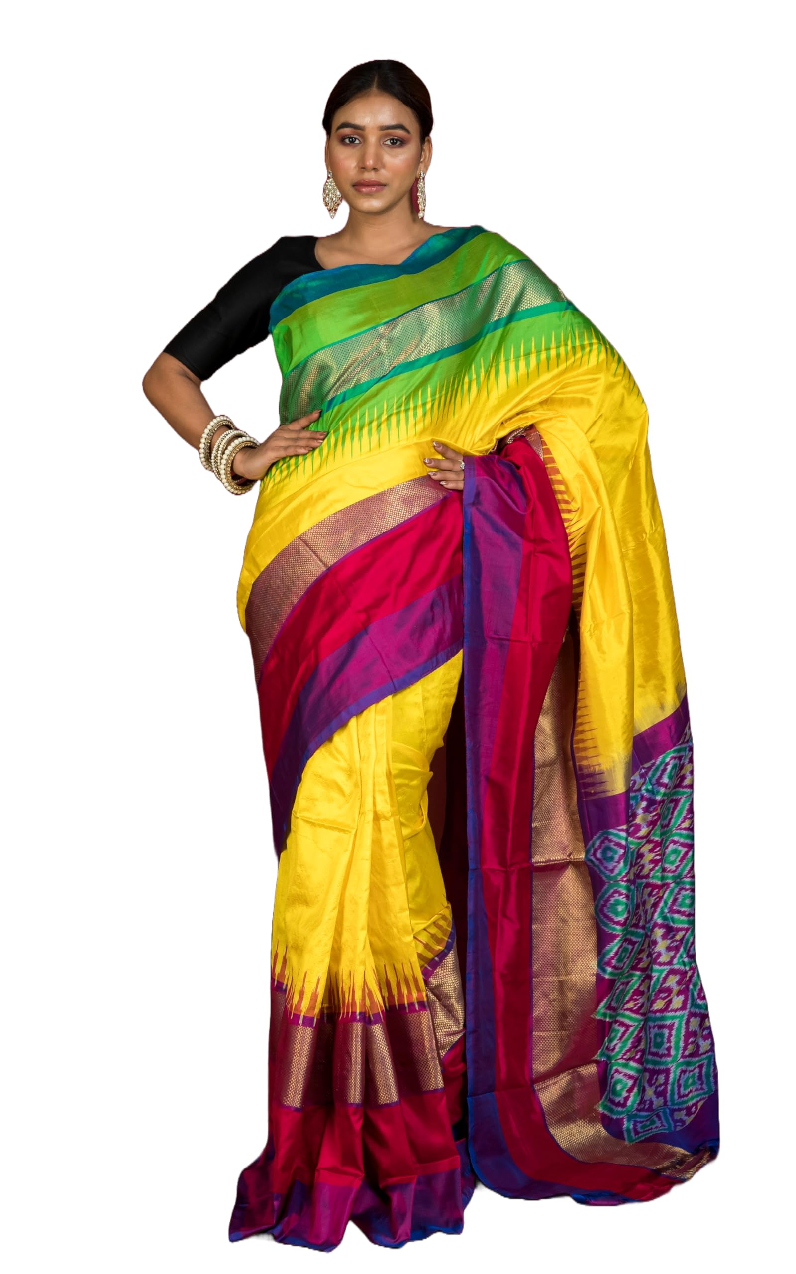 Bengal looms India Weaves of Elegance Women Silk Indian Designer Skirt Border Ikkat Pochampally Saree With Blouse Piece In Bright Yellow And Multicolored