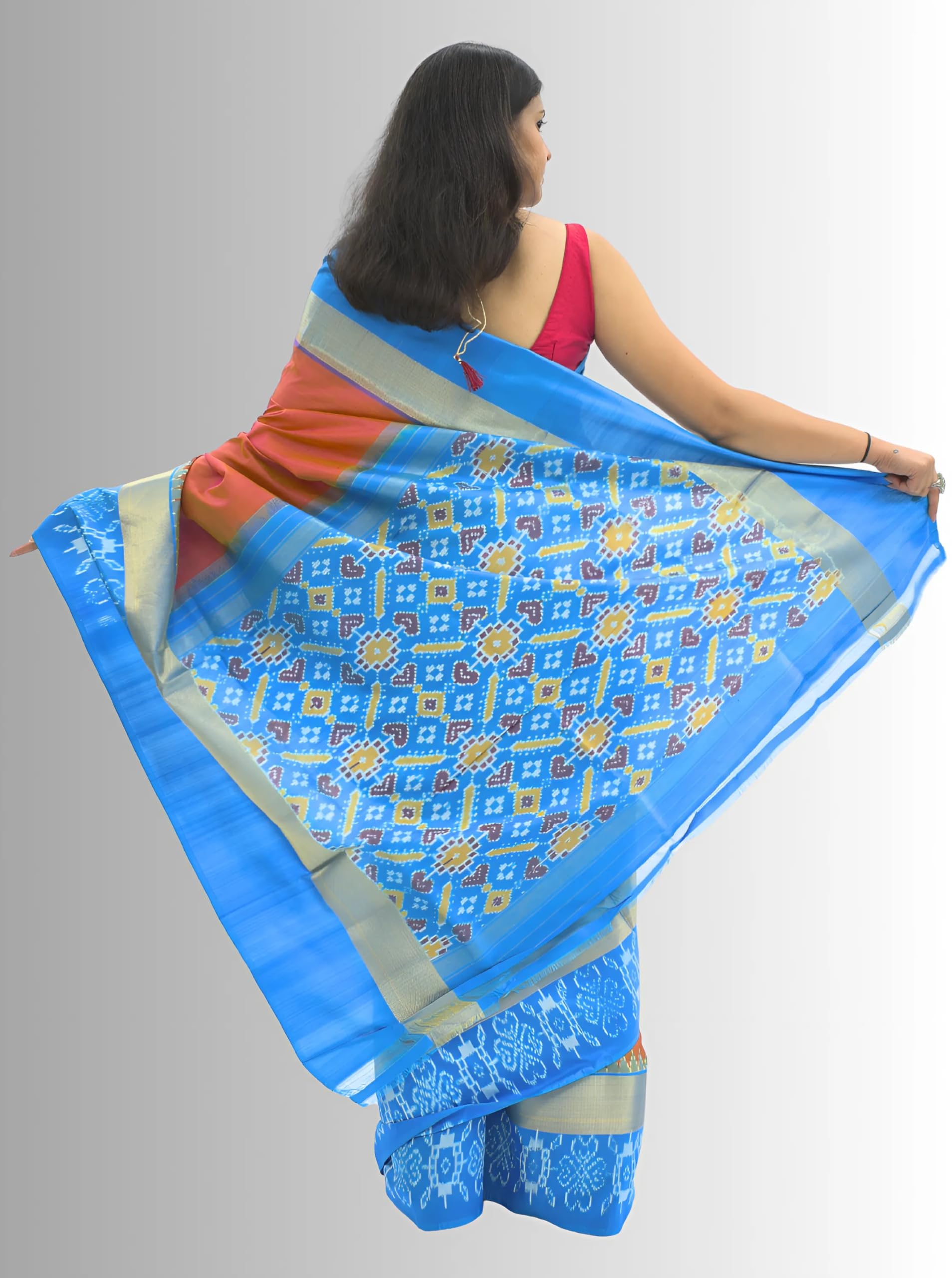 Pure handloom Pochampalli Double Ikkat Silk Orange Red Color Saree - Image 4