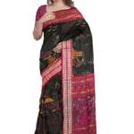 OdiKala Sambalpuri Cotton Saree with Blouse Piece, Village Life Design, Black Base with Maroon Border, Handloom, Traditional