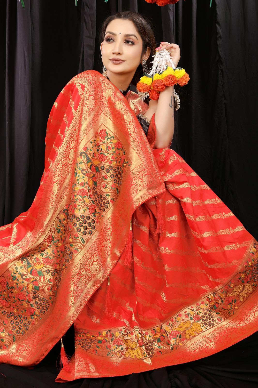 Krishn Kunj SILKS Women's Kanchipuram Silk Saree Tradition Unique Border Body Butta - Image 3