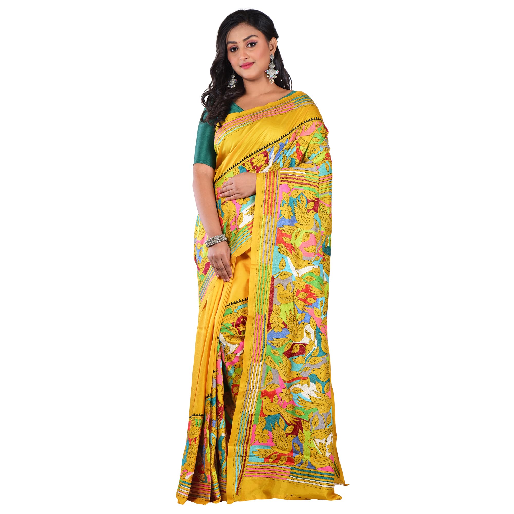 Aishani Collection Pure Bangalore Silk Hand Embroidery Kantha Stitch Saree with Blouse Piece | Silk Mark Certified Traditional Multicolor Thread Work Saree (Mustard Yellow) - Image 3