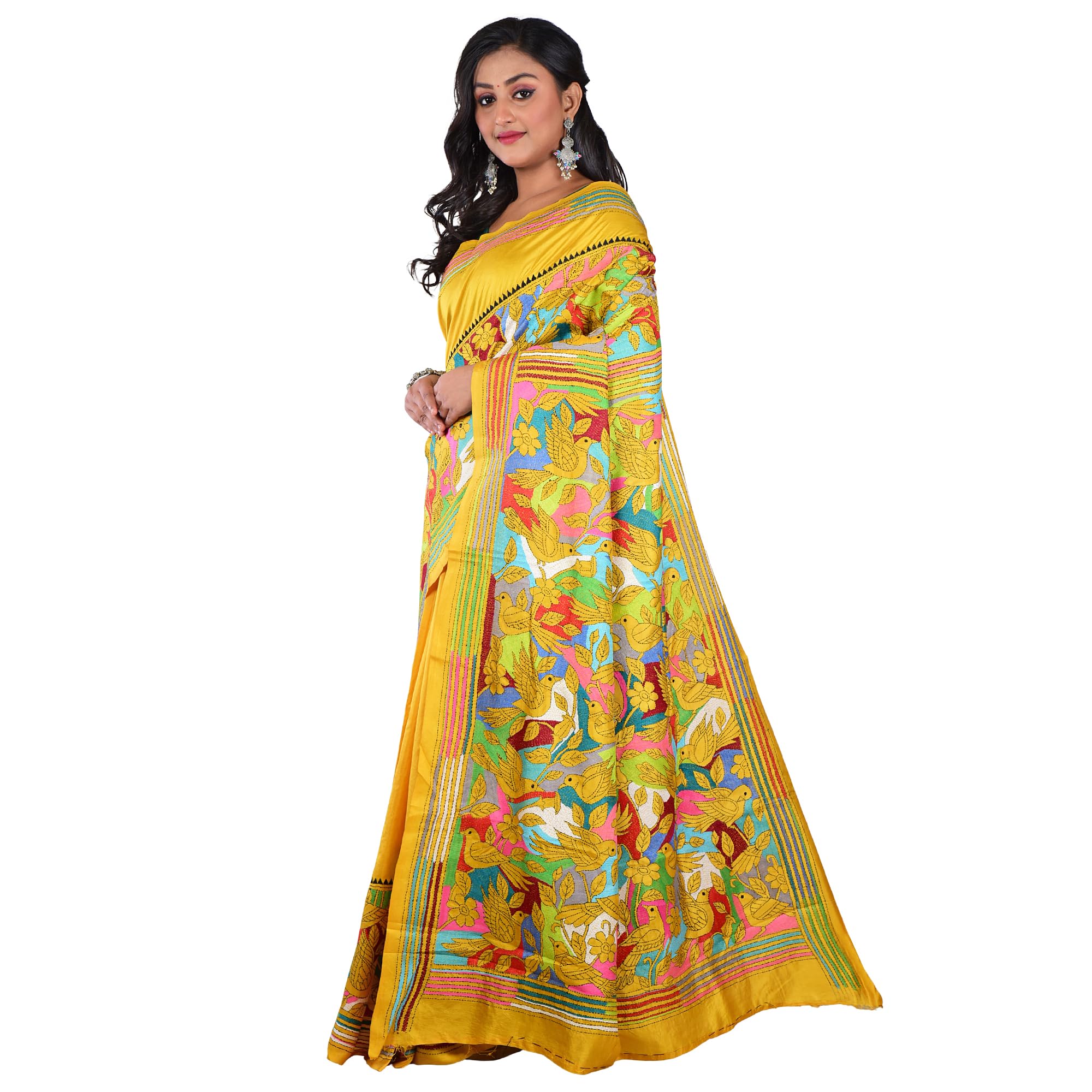 Aishani Collection Pure Bangalore Silk Hand Embroidery Kantha Stitch Saree with Blouse Piece | Silk Mark Certified Traditional Multicolor Thread Work Saree (Mustard Yellow)