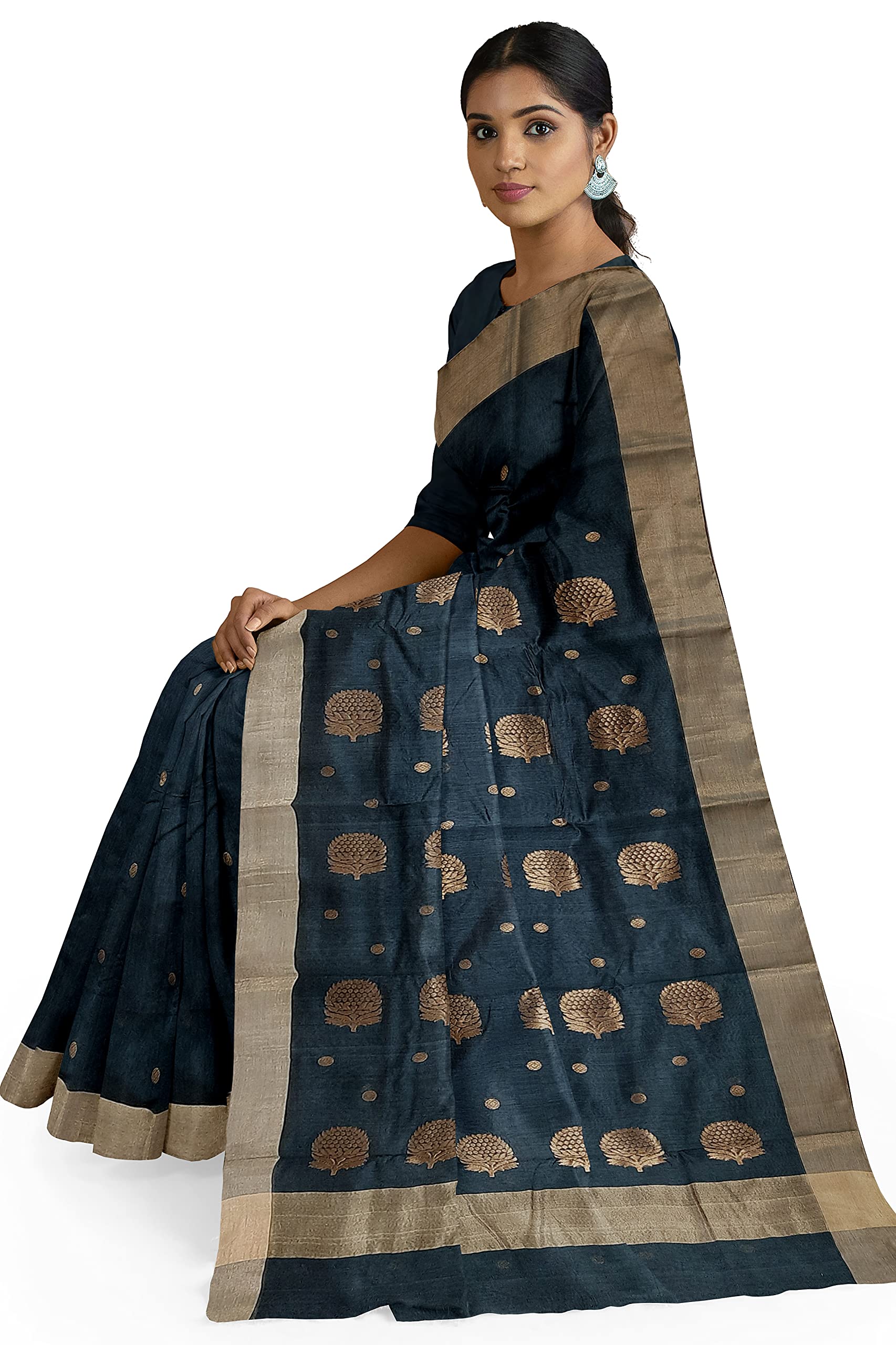 HerClozet pure chanderi Premium Handwoven EKNAL Silk Saree (Grey; Golden) - Image 7