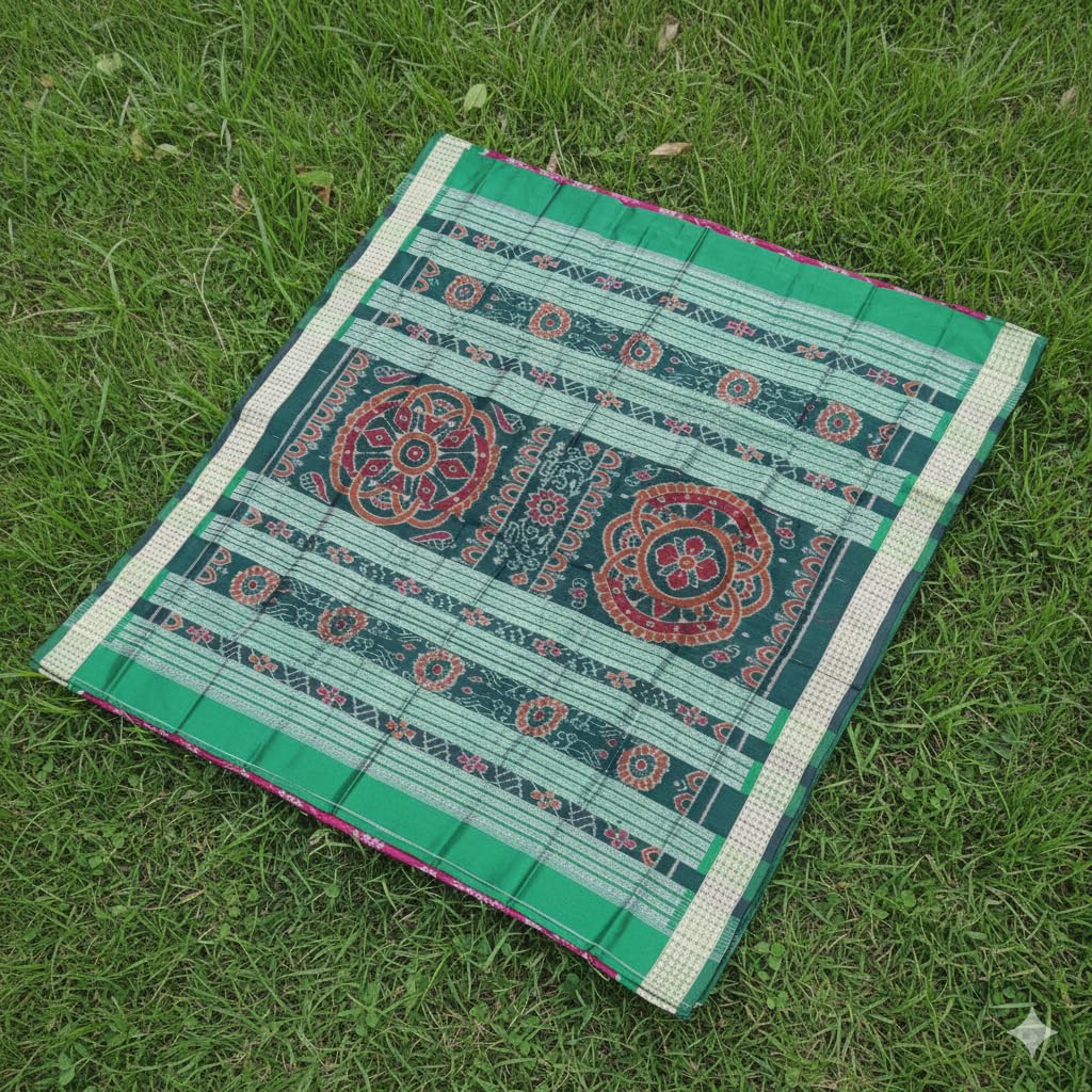 Mix Silk Sambalpuri Pata Saree with Blouse Piece 5.40m x 45" Ikat Weave Women Festive Ethnic Wear Pink Green Odisha Handloom - Image 3