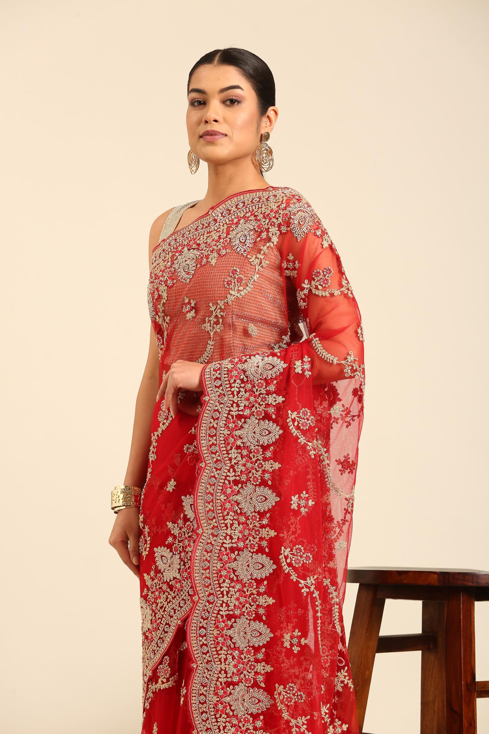 MOHEY Women's Net Embroidery|Stone Work|Thread Work|Zari Saree (Red) - Image 5