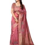 StyleScope Women's Assam Cotton Silk Golden Boarder Thread Embroidered Saree With Unstitched Blouse Piece (Ulajh Onion_Onion_Free Size)