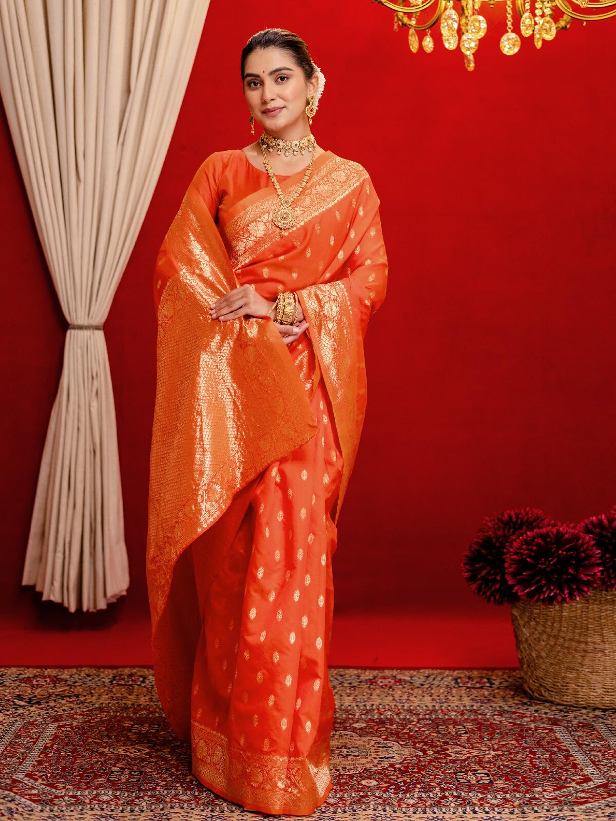 SIRIL Women's Silk Weaving Dual Tone Banarasi Saree with Unstitched Blouse Piece (5166S1251_Orange) - Image 6