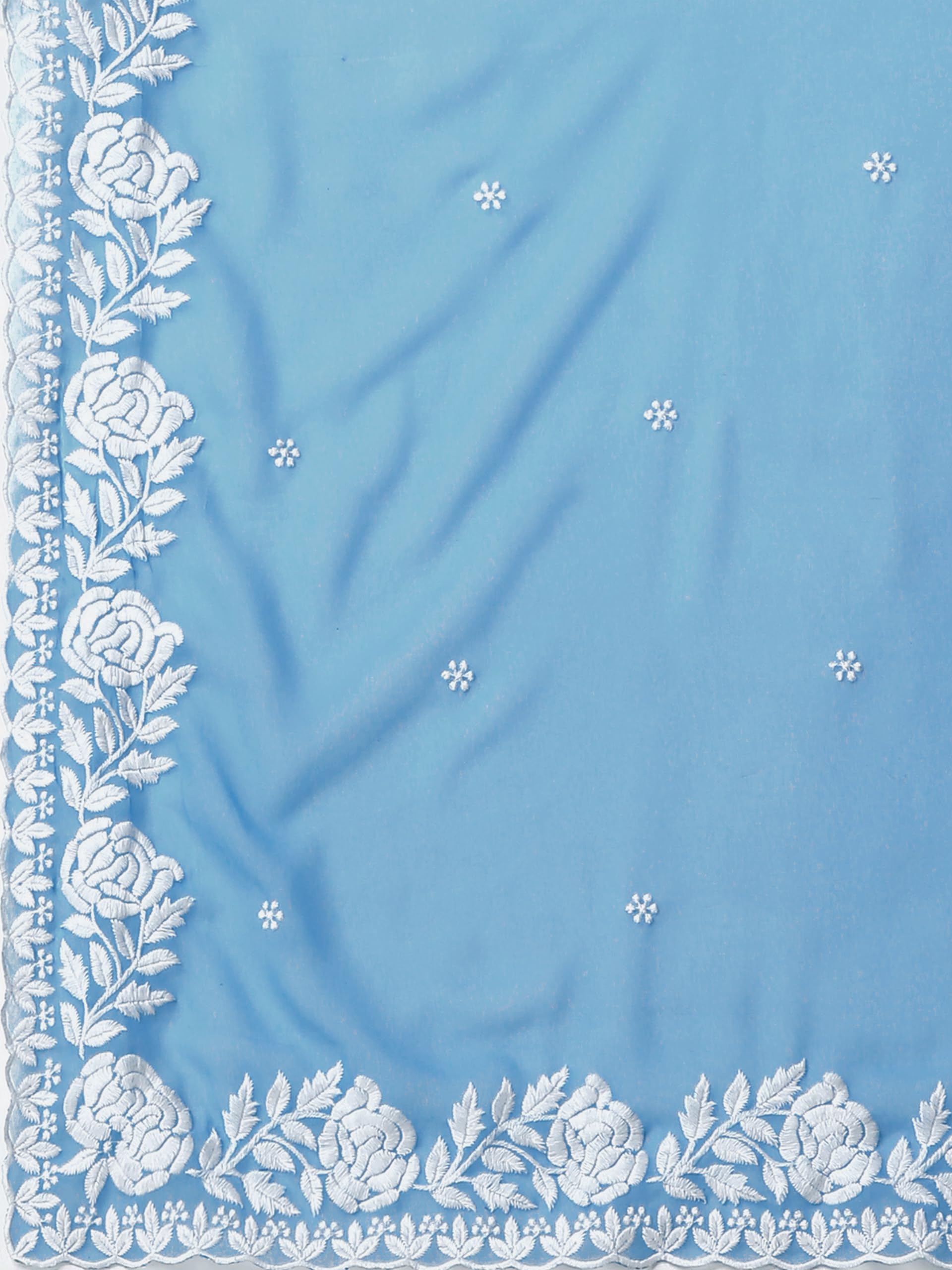 HESVI Women's Georgette Embroidery Border Work Saree with Blouse Piece (Sky Blue) - Image 4