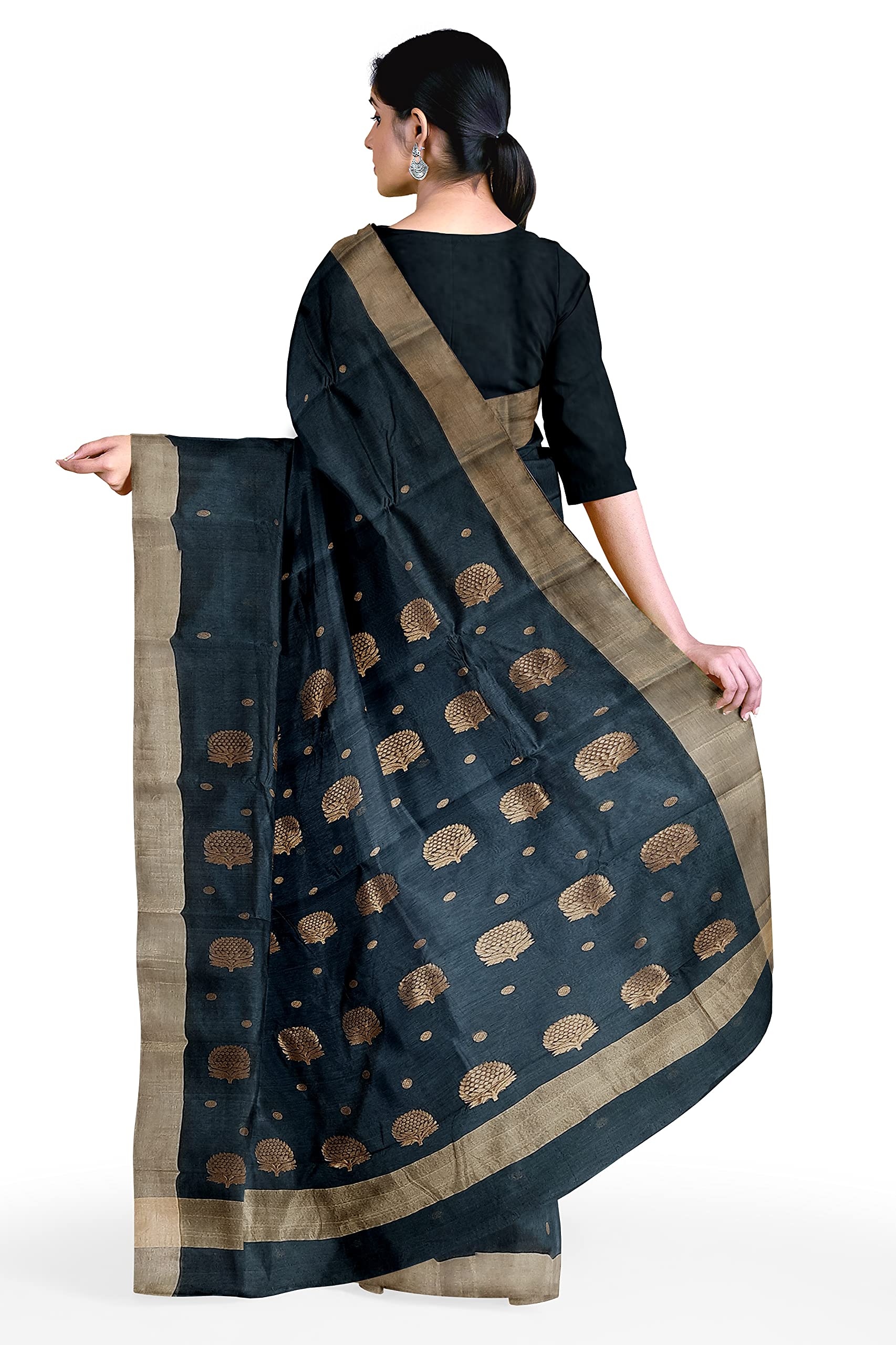 HerClozet pure chanderi Premium Handwoven EKNAL Silk Saree (Grey; Golden) - Image 3