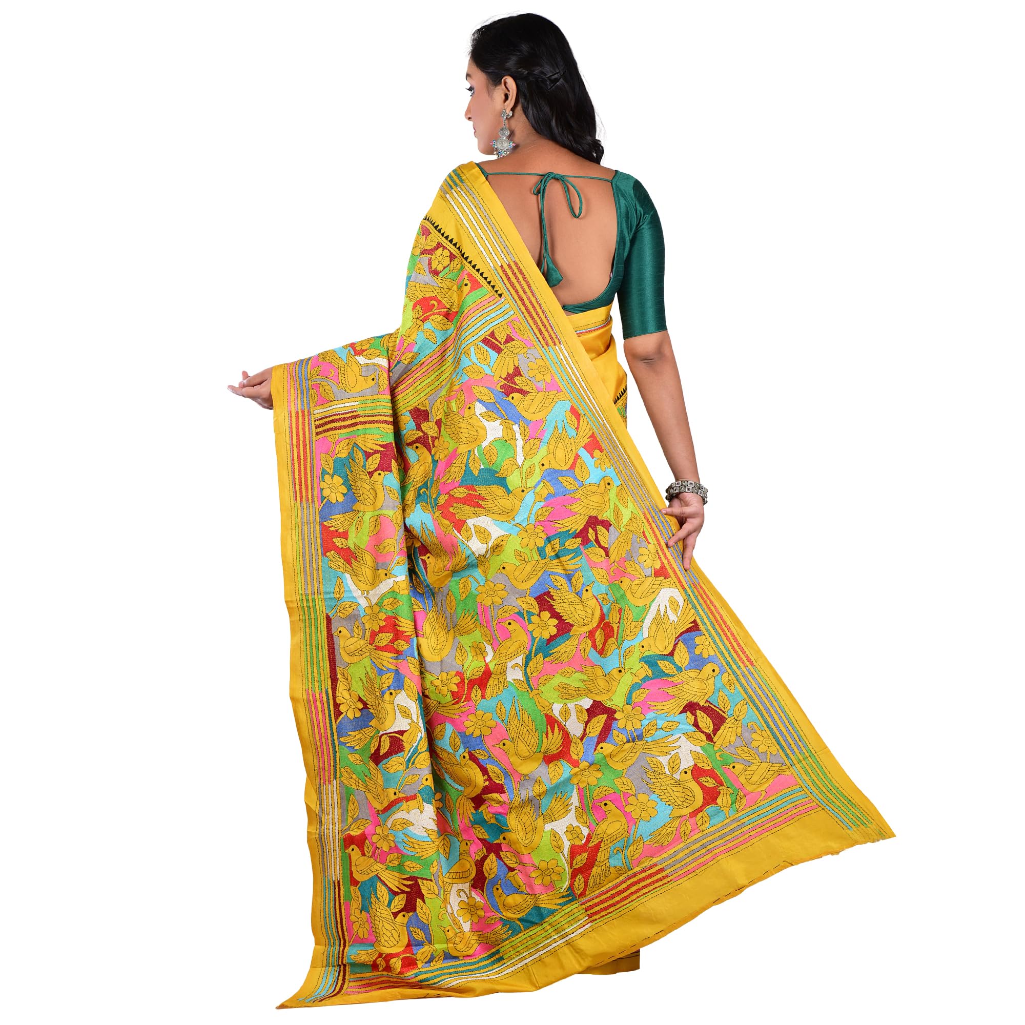 Aishani Collection Pure Bangalore Silk Hand Embroidery Kantha Stitch Saree with Blouse Piece | Silk Mark Certified Traditional Multicolor Thread Work Saree (Mustard Yellow) - Image 5
