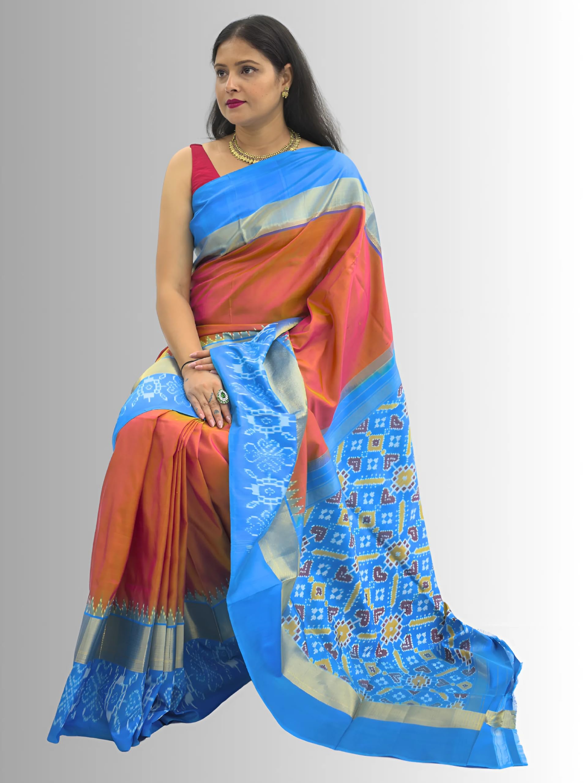 Pure handloom Pochampalli Double Ikkat Silk Orange Red Color Saree - Image 3