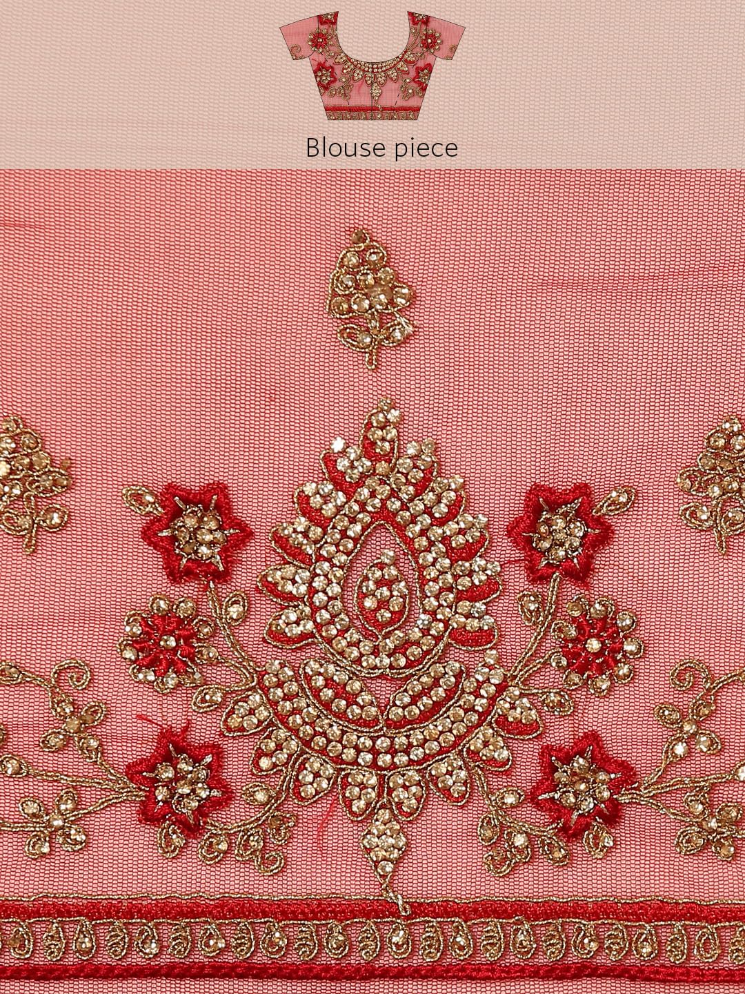 MOHEY Women's Net Embroidery|Stone Work|Thread Work|Zari Saree (Red) - Image 2