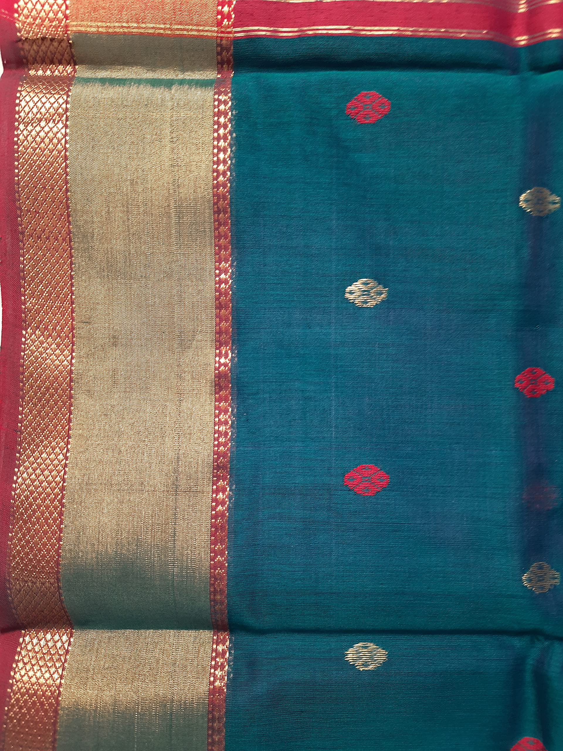 HerClozet pure chanderi Premium Dual shaded Handwoven katan Silk Saree (Turquoise,Red Golden) - Image 5